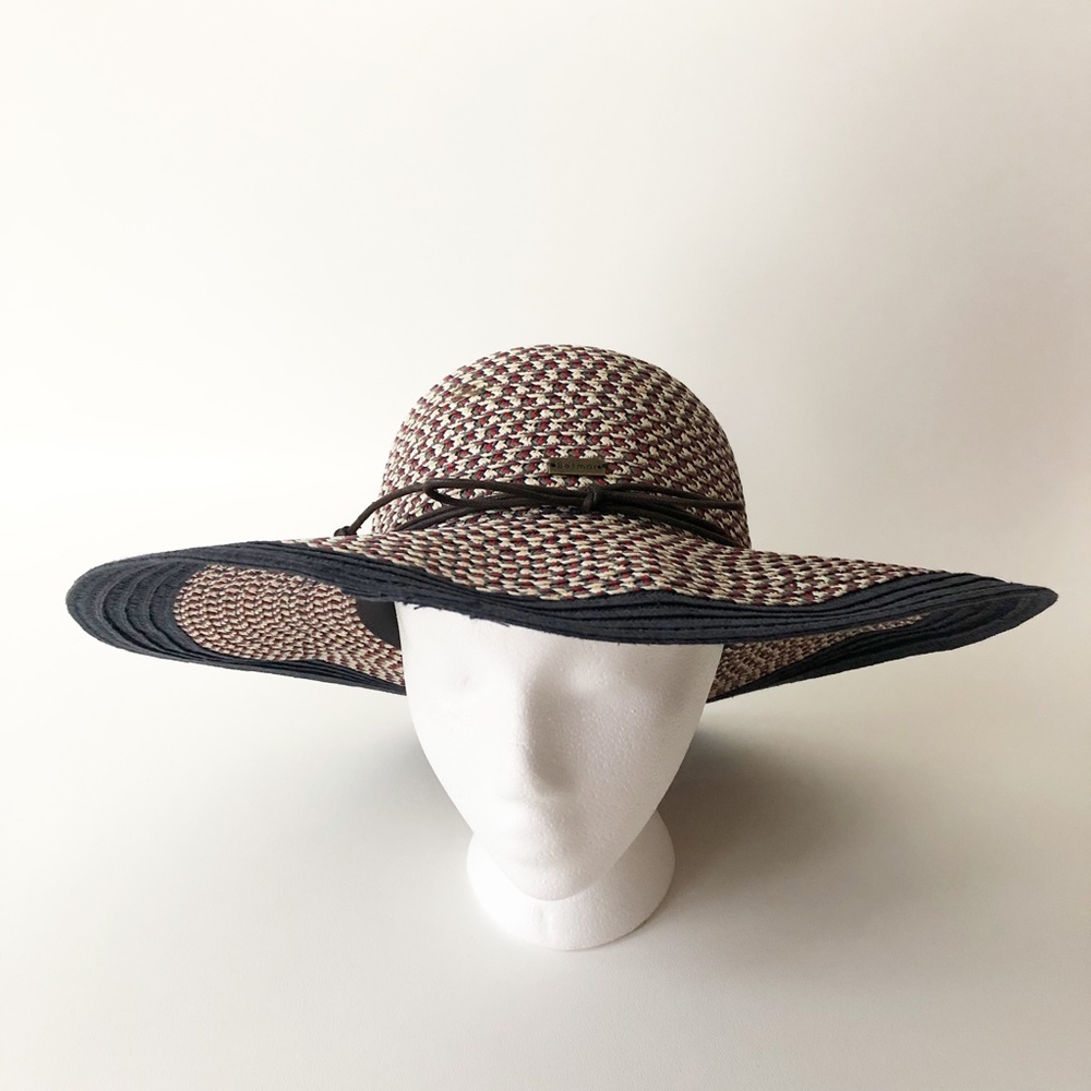 Betmar Wide Brim Floppy Beach Sun Hat Red Green White Cross Hatch Black Border